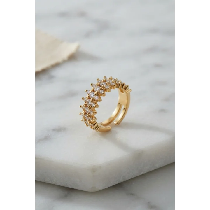 Mey İthalat® Gold Renk Sıralı Zirkon Taşlı Kadın Yüzük