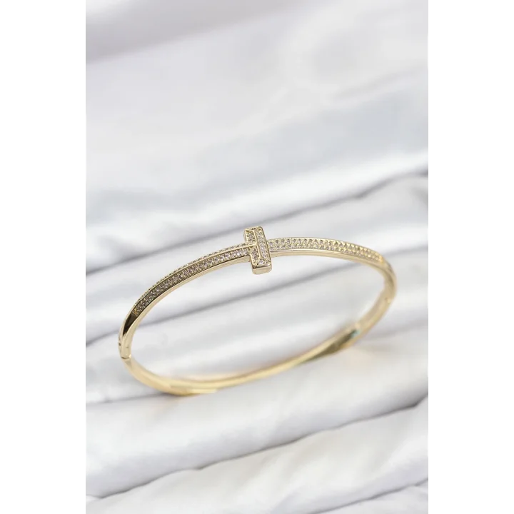 Mey İthalat® Gold Renk T Model Zirkon Taşlı Kadın Kelepçe Bileklik