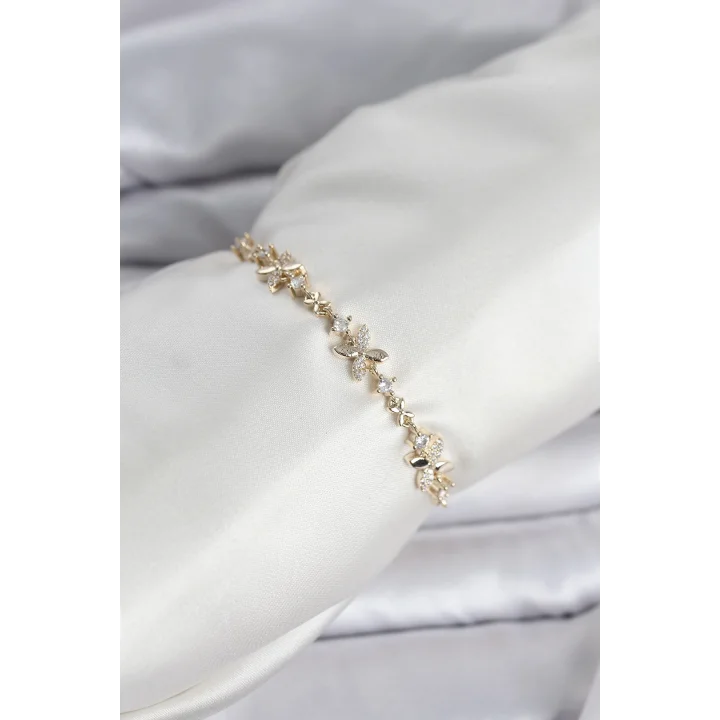 Mey İthalat® Gold Renk Yonca Model Zirkon Taşlı Asansörlü Kadın Bileklik