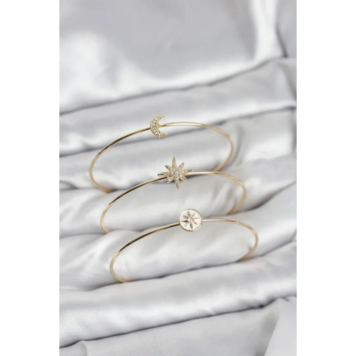 Mey İthalat® Gold Renk Zirkon Taşlı Kutup Yıldızı Model 3lü Kadın Bileklik Kombini