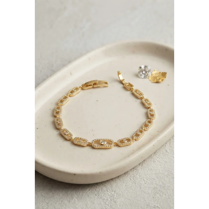 Mey İthalat® Gold Renk Zirkon Taşlı Messika Model Bileklik