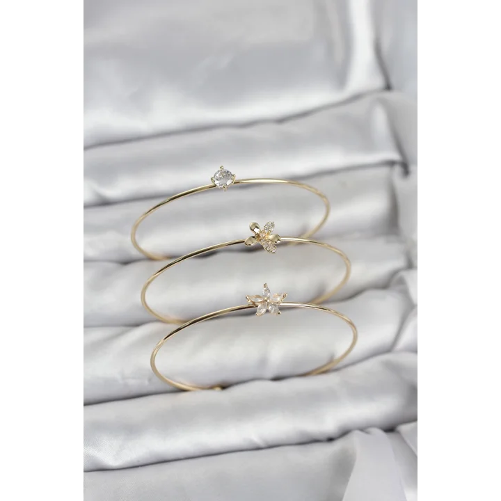 Mey İthalat® Gold Renk Zirkon Taşlı Pirinç 3lü Kadın Bileklik Kombini