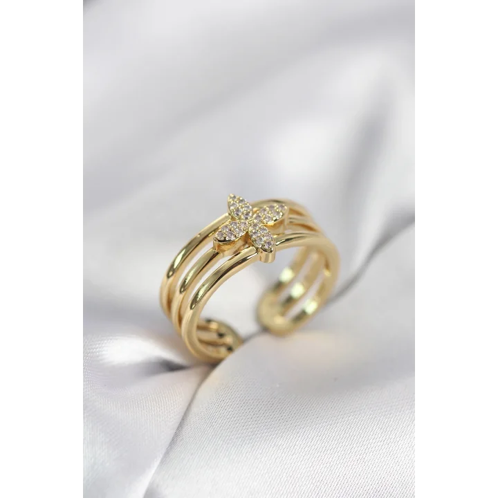Mey İthalat® Gold Renk Zirkon Taşlı Yonca Model Kadın Yüzük