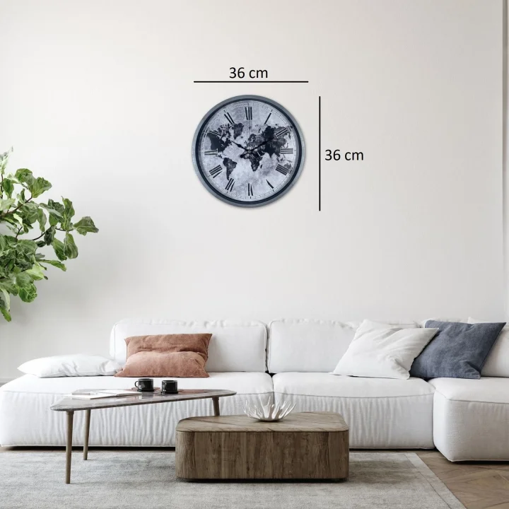 Mey İthalat® Gri 36 Cm Dünya Haritalı Duvar Saati