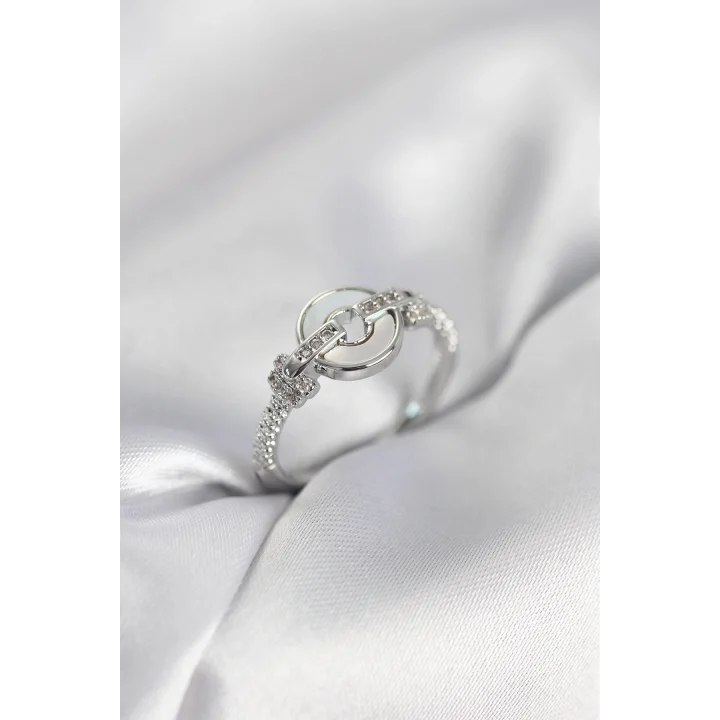 Mey İthalat® Gümüş Renk Daire Form Sedef ve Zirkon Taşlı Kadın Yüzük