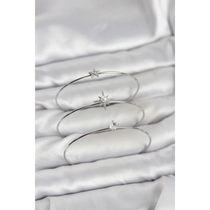 Mey İthalat® Gümüş Renk Kutup Yıldızı Model Zirkon Taşlı 3lü Kadın Bileklik Kombini