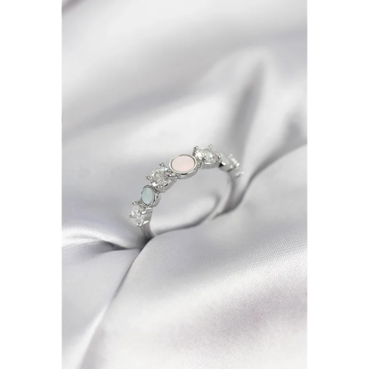 Mey İthalat® Gümüş Renk Minimal Plaka ve Zirkon Taşlı Kadın Yüzük