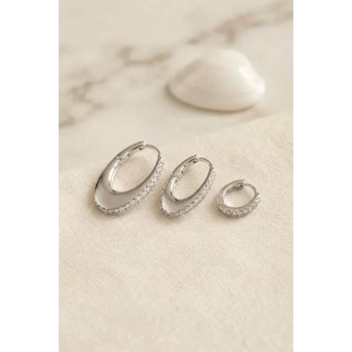Mey İthalat® Gümüş Renk Oval Halka Model Zirkon Taşlı 3 lü Küpe Set