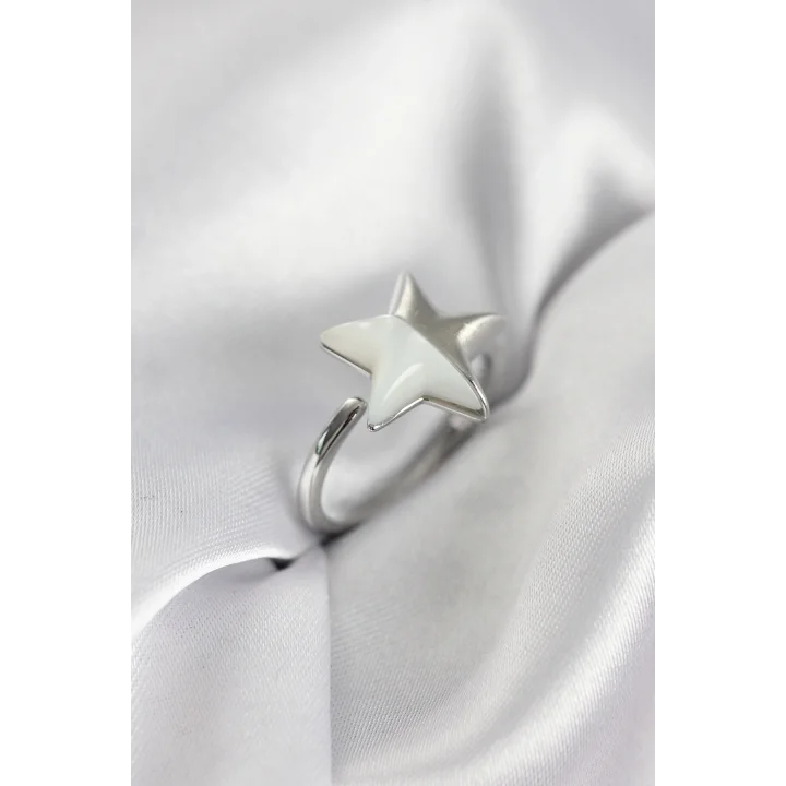 Mey İthalat® Gümüş Renk Sedefli Yıldız Model Kadın Yüzük