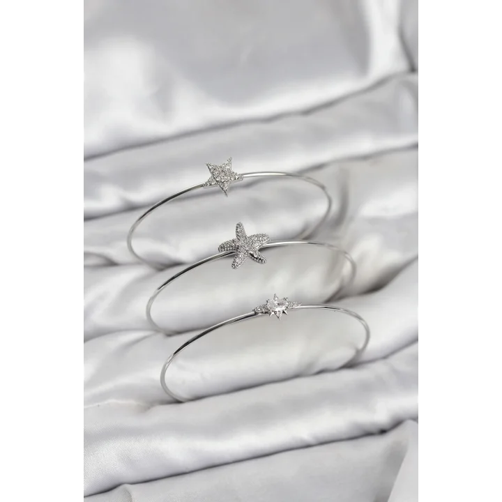 Mey İthalat® Gümüş Renk Zirkon Taşlı Deniz Yıldızı Model 3lü Kadın Bileklik Kombini