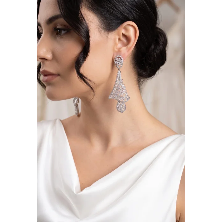 Mey İthalat® Gümüş Renk Zirkon Taşlı Kadın Abiye Küpe