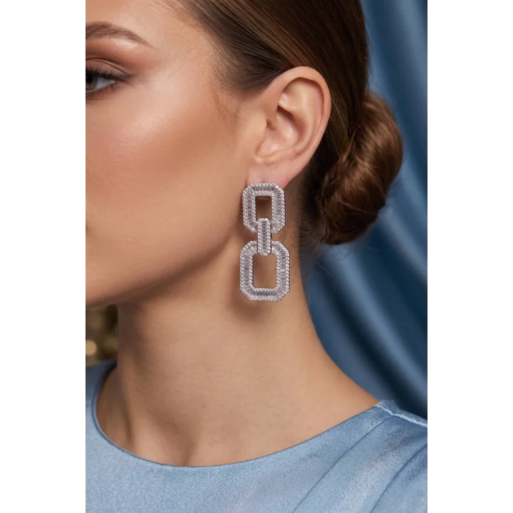 Mey İthalat® Gümüş Renk Zirkon Taşlı Kare Model Kadın Abiye Küpe