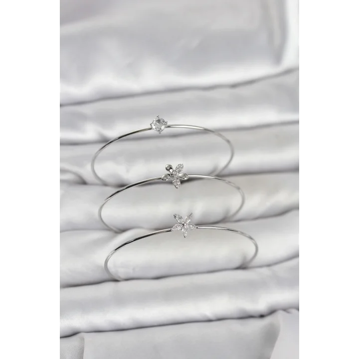 Mey İthalat® Gümüş Renk Zirkon Taşlı Pirinç 3lü Kadın Bileklik Kombini