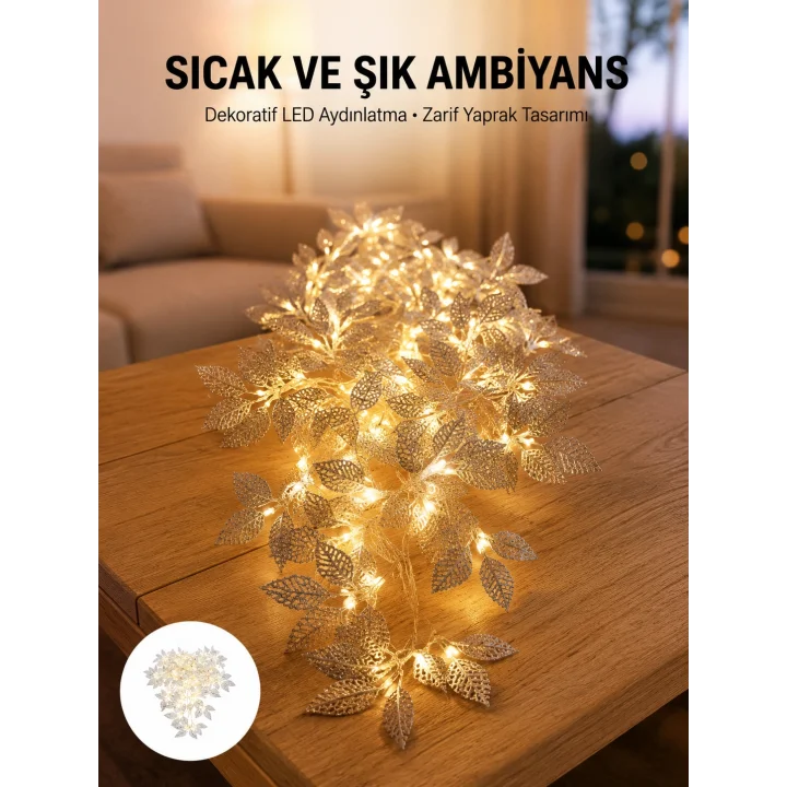 Mey İthalat® Gümüş Yaprak Tasarımlı LED Işık Pilli Ev ve Vitrin Dekoru