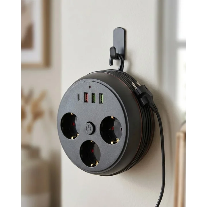 Mey İthalat® Güvenli Çoklu Priz 3 Priz 3 USB 1 Type C Termal Koruma Uzun Kablo