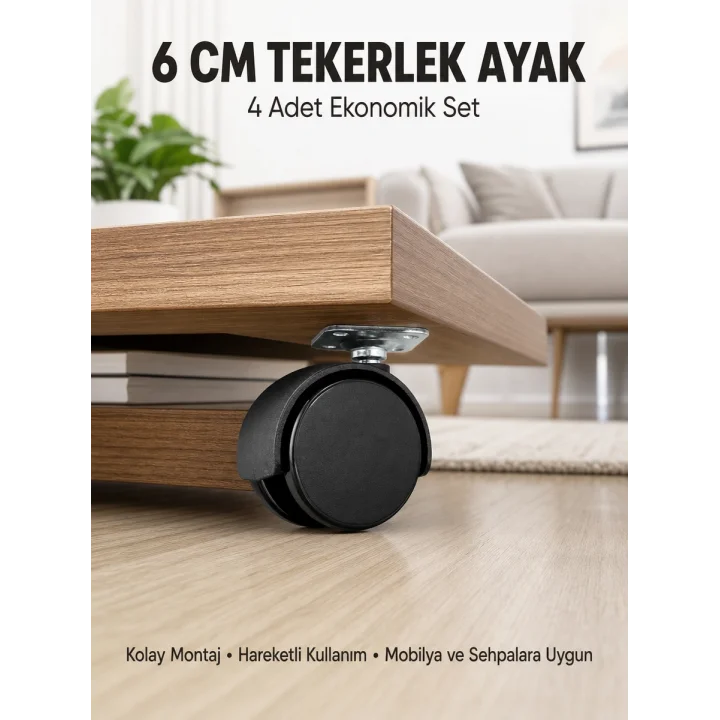 Mey İthalat® Halı ve Beton Uyumlu Kilitsiz Mobilya Tekerleği 4’lü
