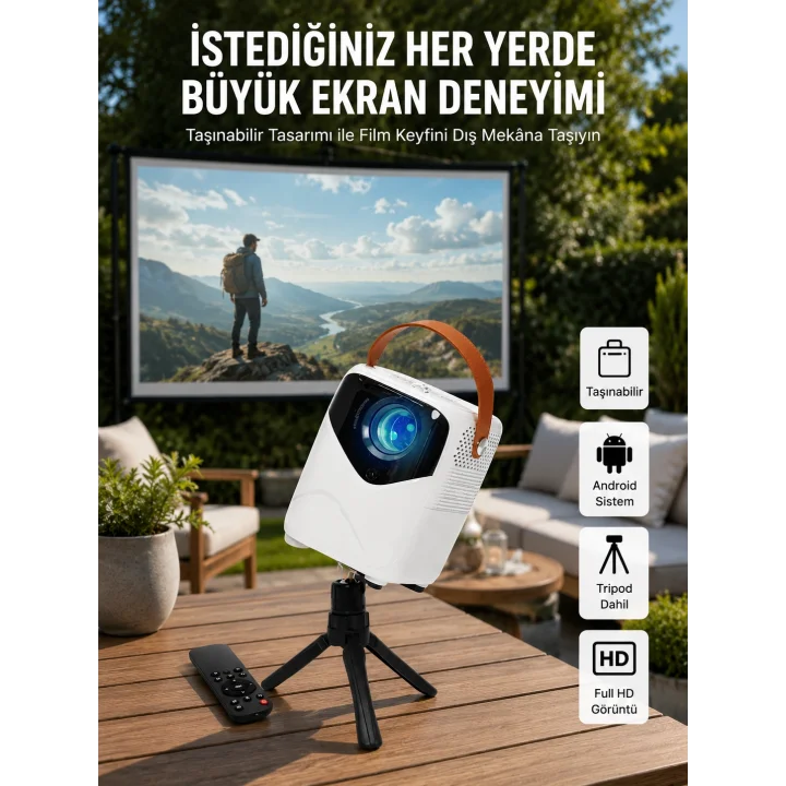 Mey İthalat® HD Ayaklı Portatif Projeksiyon Cihazı Android İşlemcili Sinema Projektörü