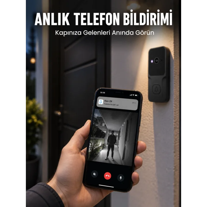 Mey İthalat® HD Kameralı Akıllı Kapı Zili | Çift Yönlü Sesli Wi-Fi Görüntülü Kapı Zili