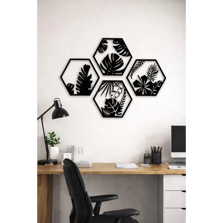 Mey İthalat® HexaLeaf – Tropikal Yaprak Desenli Altıgen Ahşap Duvar Dekoru