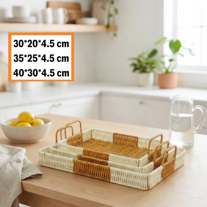 Mey İthalat®  İç İçe Geçebilen 3’lü Dikdörtgen Plastik Rattan Tepsi Seti–Çift Renkli Hasır Görünümlü Çok Amaçlı Servis ve Sunum Tepsileri