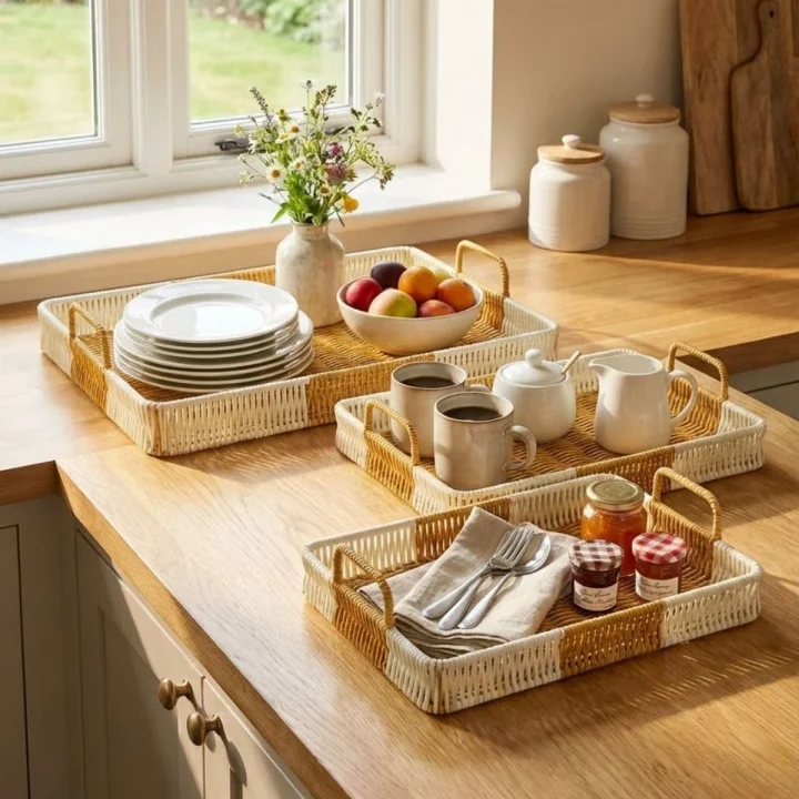 Mey İthalat®  İç İçe Geçebilen 3’lü Dikdörtgen Plastik Rattan Tepsi Seti–Çift Renkli Hasır Görünümlü Çok Amaçlı Servis ve Sunum Tepsileri