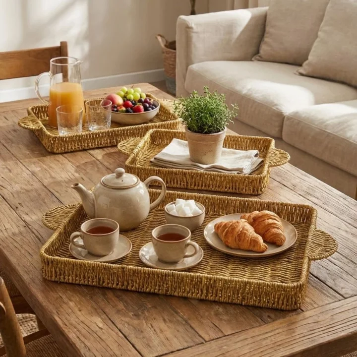 Mey İthalat®  İç İçe Geçebilen 3’lü Dikdörtgen Plastik Rattan Tepsi Seti–Hasır Görünümlü Çok Amaçlı Servis ve Sunum Tepsileri