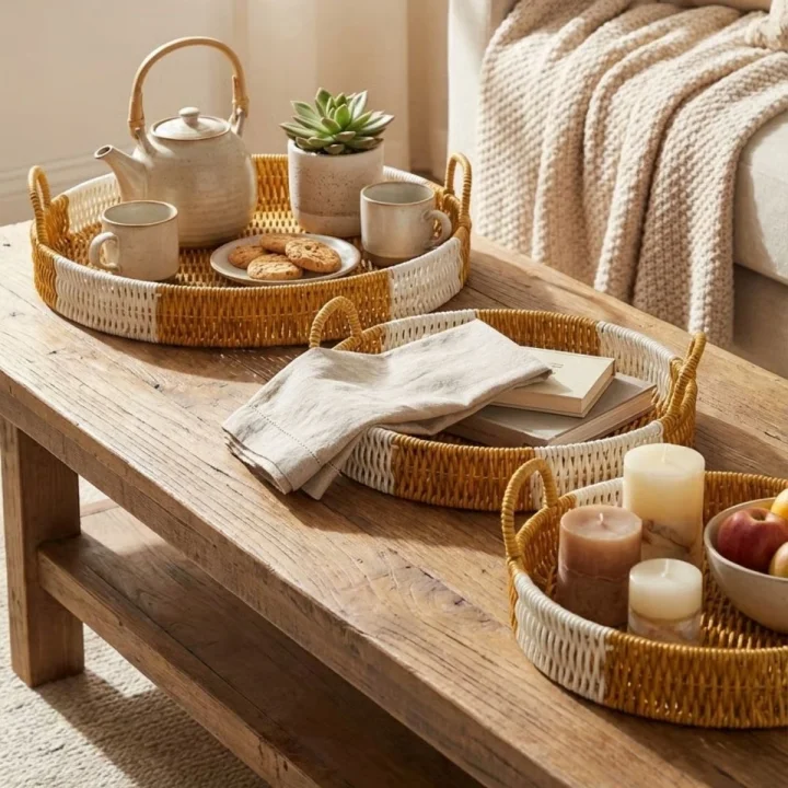 Mey İthalat®  İç İçe Geçebilen 3’lü Yuvarlak Plastik Rattan Tepsi Seti–Çift Renkli Hasır Görünümlü Çok Amaçlı Servis ve Sunum Tepsileri