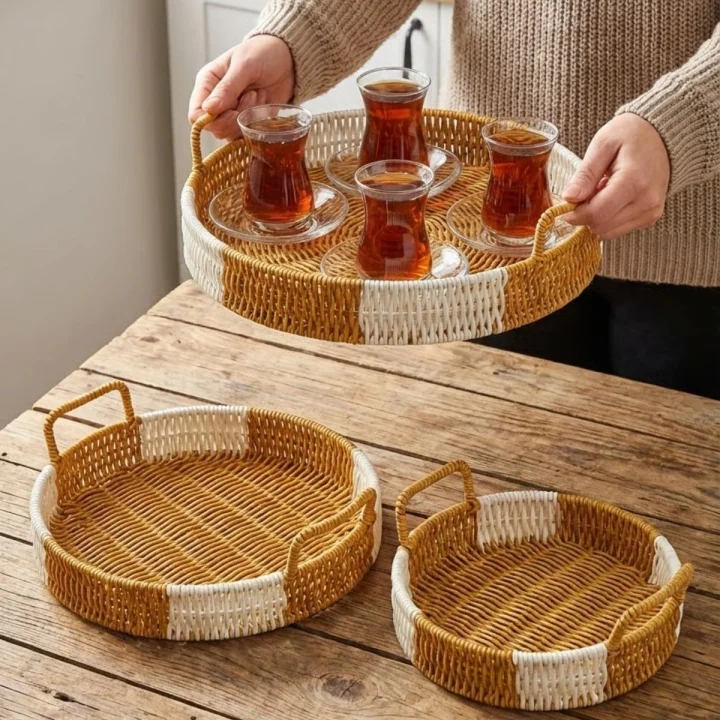 Mey İthalat®  İç İçe Geçebilen 3’lü Yuvarlak Plastik Rattan Tepsi Seti–Çift Renkli Hasır Görünümlü Çok Amaçlı Servis ve Sunum Tepsileri