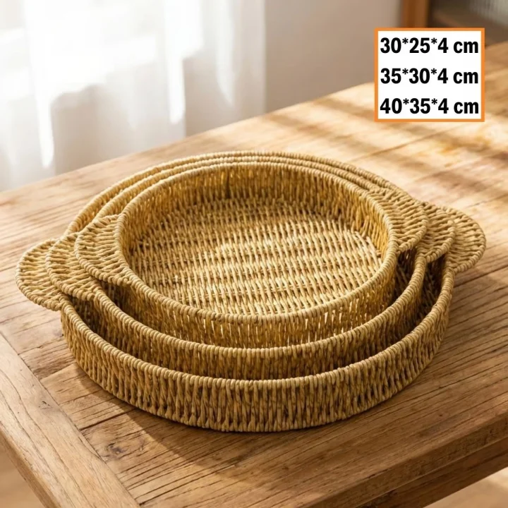 Mey İthalat®  İç İçe Geçebilen 3’lü Yuvarlak Plastik Rattan Tepsi Seti–Hasır Görünümlü Çok Amaçlı Servis ve Sunum Tepsileri