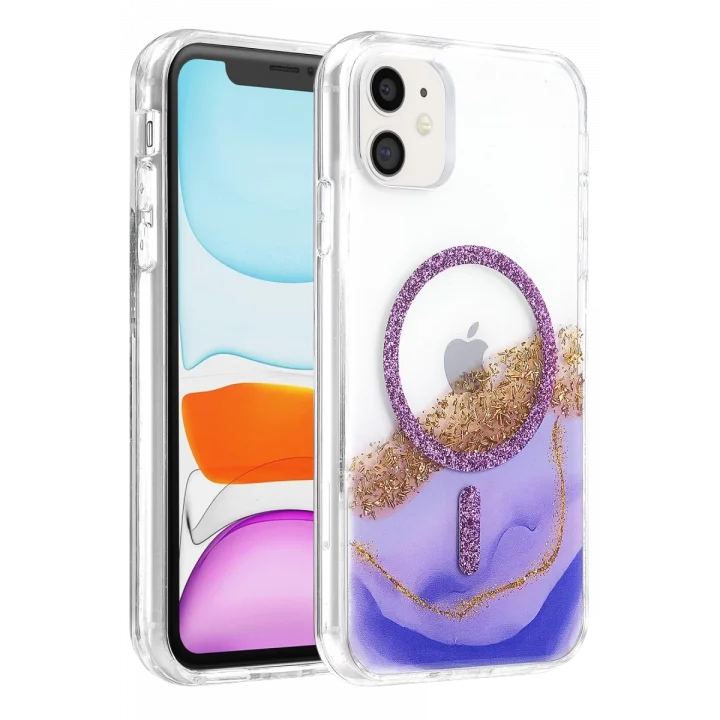 Mey İthalat®   iPhone 11 Lotus Simli Magsafe Kapak - Mor