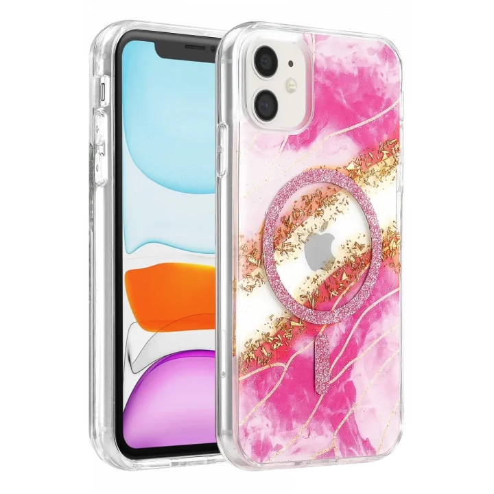 Mey İthalat®   iPhone 11 Lotus Simli Magsafe Kapak - Pembe