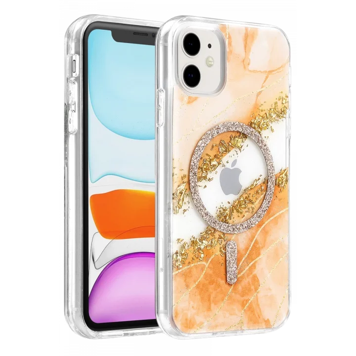 Mey İthalat®   iPhone 11 Lotus Simli Magsafe Kapak - Turuncu