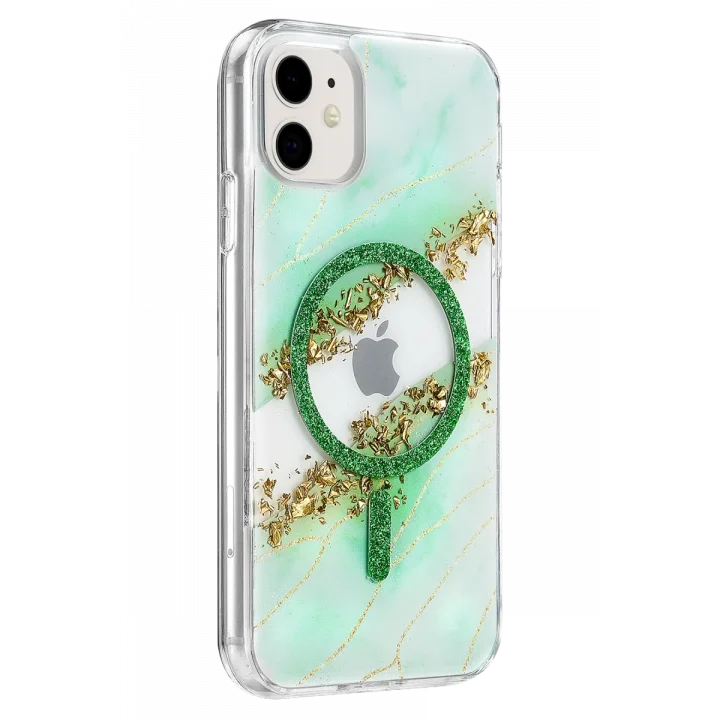 Mey İthalat®   iPhone 11 Lotus Simli Magsafe Kapak - Yeşil