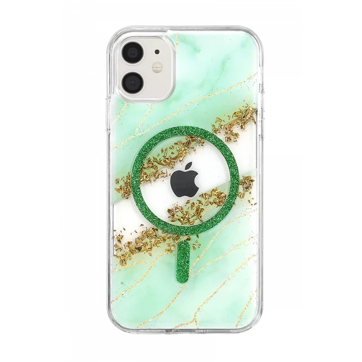 Mey İthalat®   iPhone 11 Lotus Simli Magsafe Kapak - Yeşil