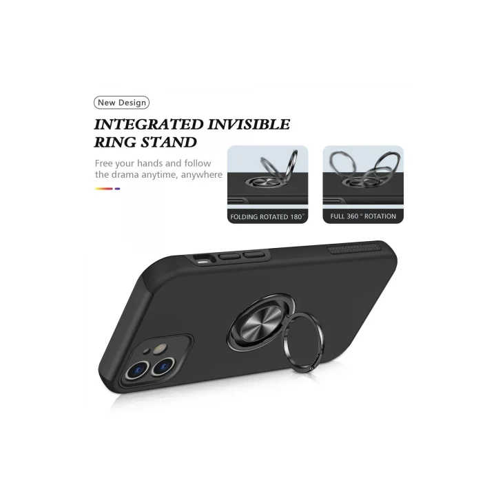 Mey İthalat®  iPhone 12 Kılıf Elit Yüzüklü Kapak - Siyah