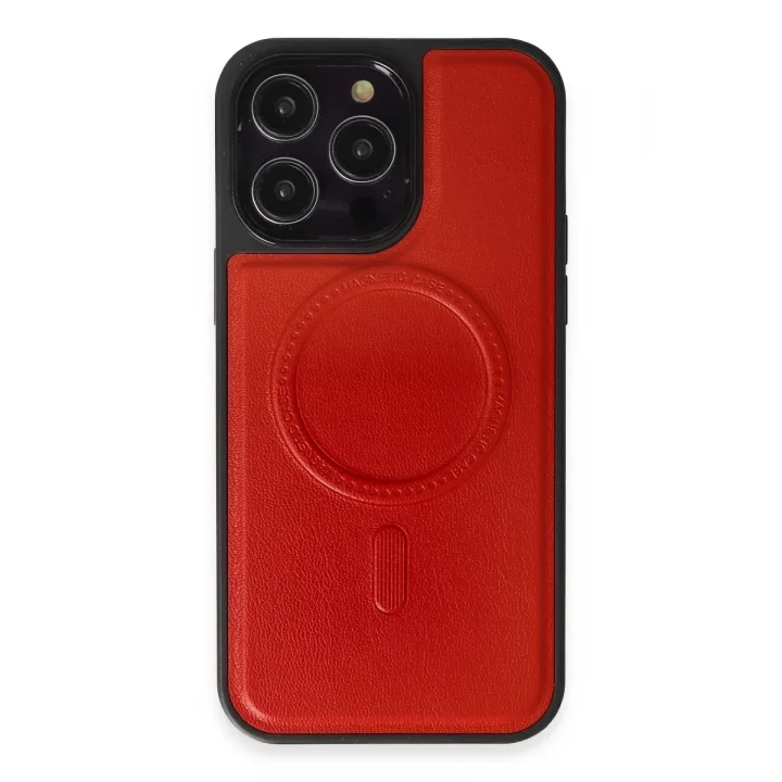 Mey İthalat®  iPhone 13 Pro Max Kılıf Ozzi Magsafe Deri Kapak - Kırmızı
