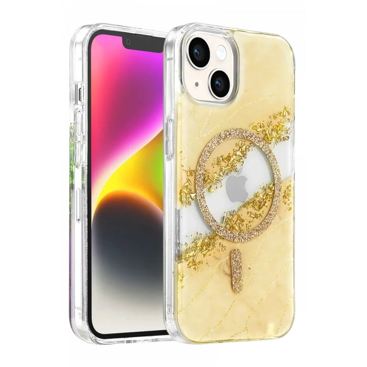 Mey İthalat®   iPhone 14 Lotus Simli Magsafe Kapak - Gümüş