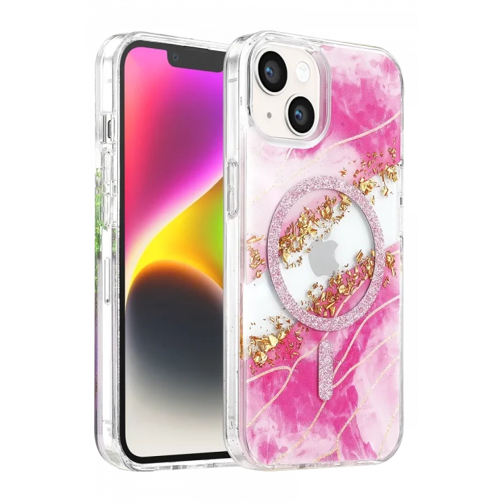 Mey İthalat®   iPhone 14 Lotus Simli Magsafe Kapak - Pembe
