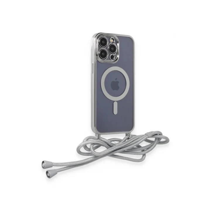 Mey İthalat®   iPhone 14 Pro Kılıf Divo Lazer Askılı Magsafe Kapak - Gümüş