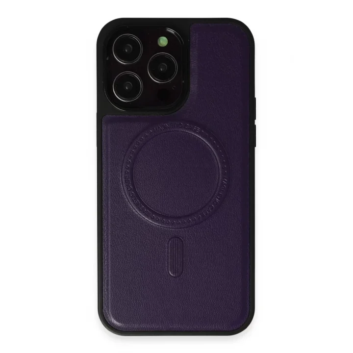 Mey İthalat®  iPhone 14 Pro Max Kılıf Ozzi Magsafe Deri Kapak - Derin Mor