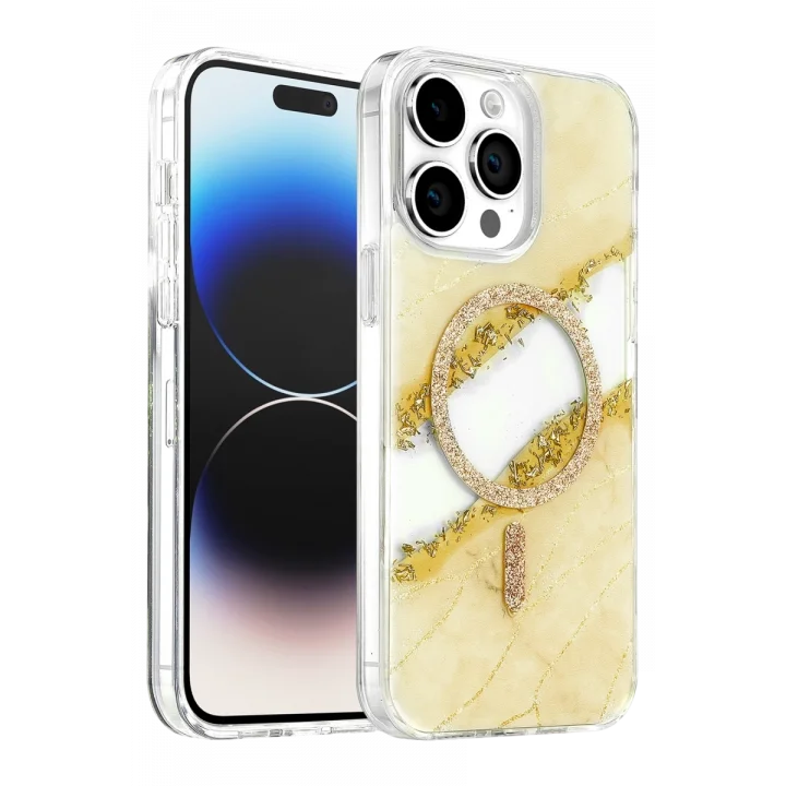 Mey İthalat®   iPhone 14 Pro Max Lotus Simli Magsafe Kapak - Gümüş