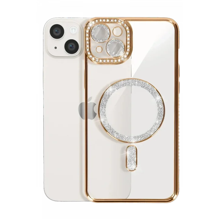 Mey İthalat®  iPhone 15 Kılıf Joke Simli Magneticsafe Kılıf - Gold