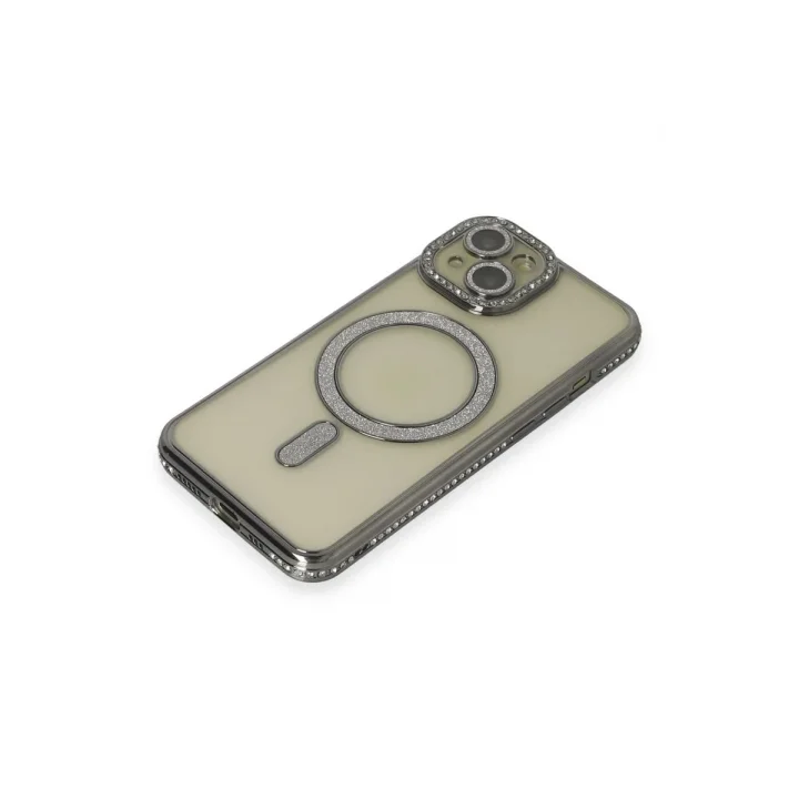 Mey İthalat®  iPhone 15 Kılıf Joke Simli Magneticsafe Kılıf - Gri