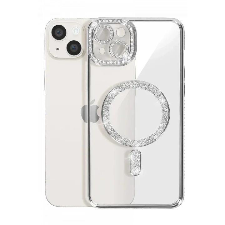 Mey İthalat®  iPhone 15 Kılıf Joke Simli Magneticsafe Kılıf - Gümüş