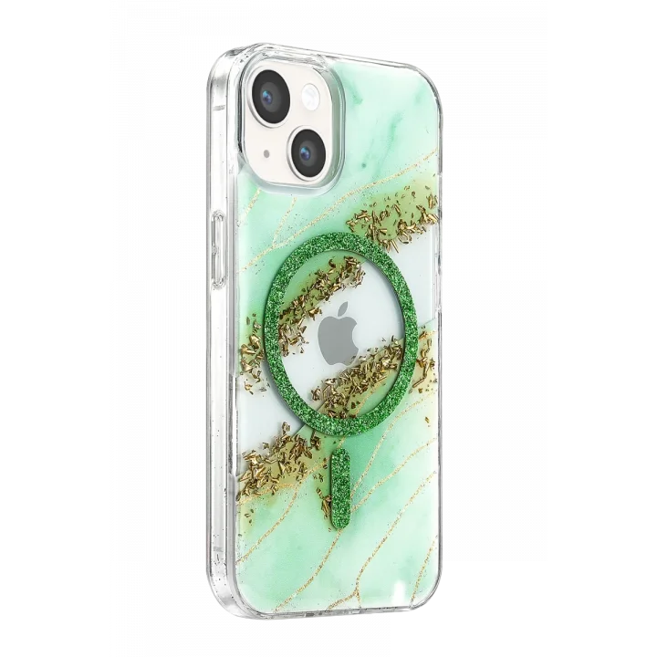 Mey İthalat®   iPhone 15 Lotus Simli Magsafe Kapak - Yeşil