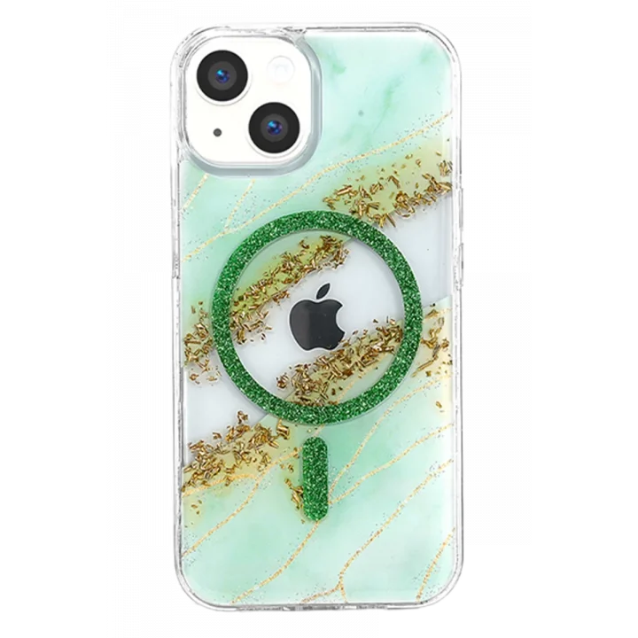 Mey İthalat®   iPhone 15 Lotus Simli Magsafe Kapak - Yeşil