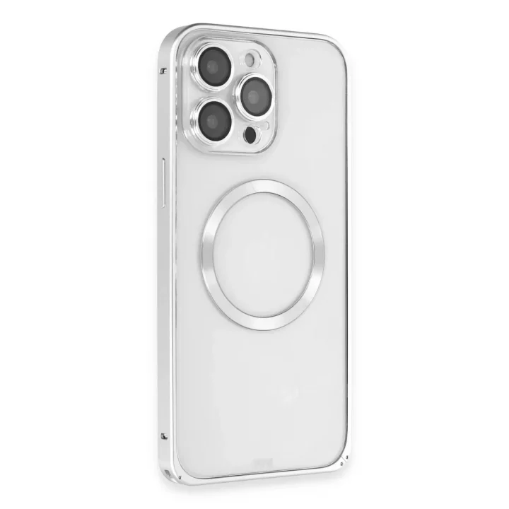 Mey İthalat®  iPhone 15 Pro Kılıf Metal Bumper Magneticsafe Kapak - Gümüş