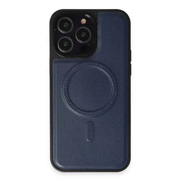 Mey İthalat®   iPhone 15 Pro Kılıf Ozzi Magsafe Deri Kapak - Lacivert