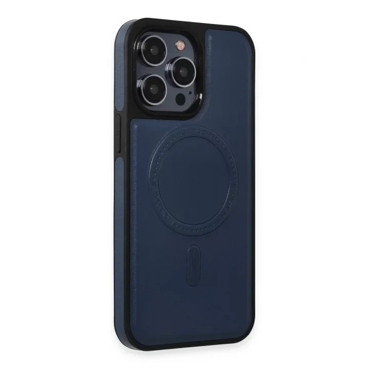Mey İthalat®   iPhone 15 Pro Kılıf Ozzi Magsafe Deri Kapak - Lacivert