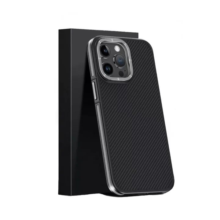 Mey İthalat®   iPhone 15 Pro Max Kılıf Aramid 600D Kevlar Karbon Fiber Magsafe Kapak - Gri